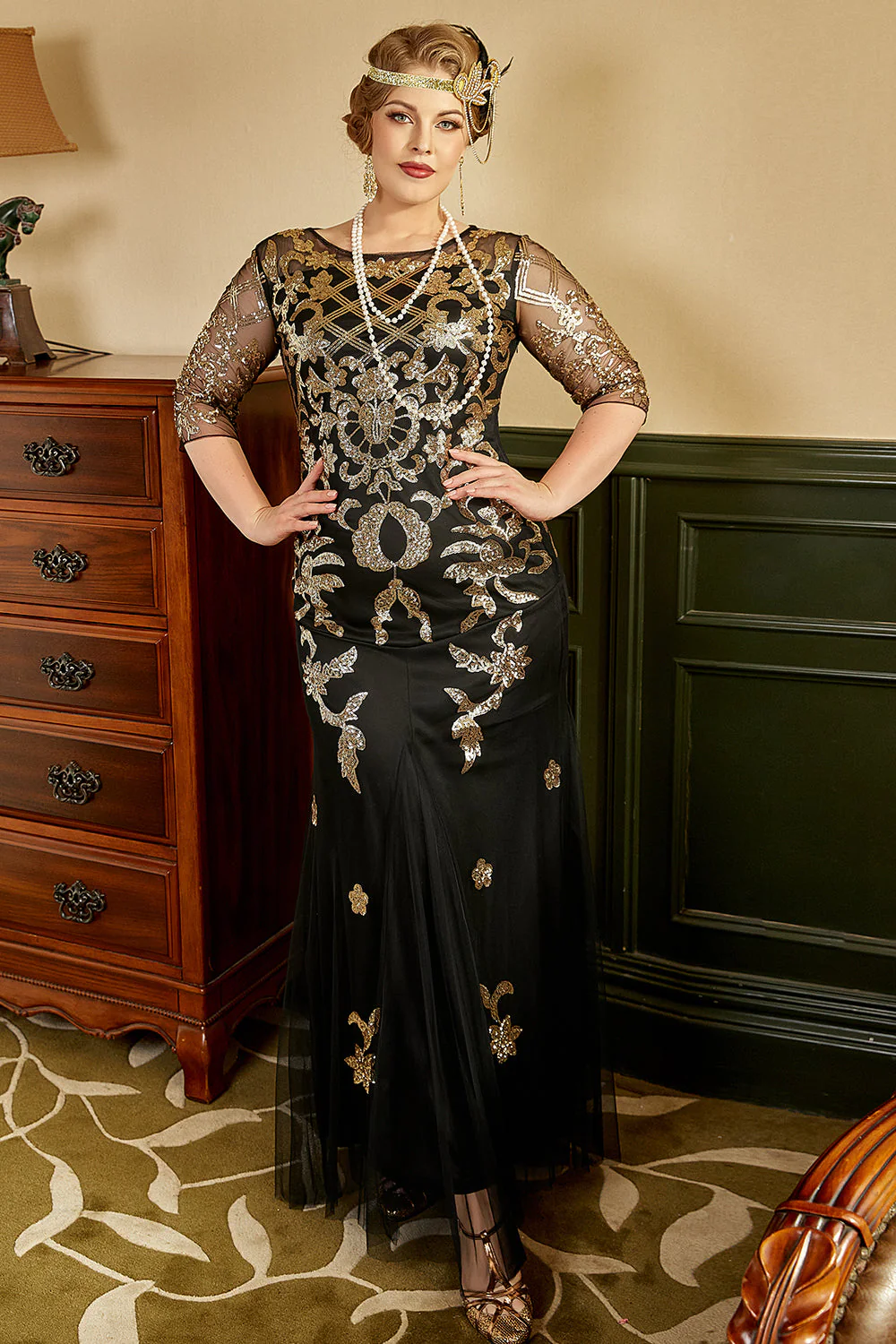 Black Golden Plus Size 1920s Sequins Dress - Image 4
