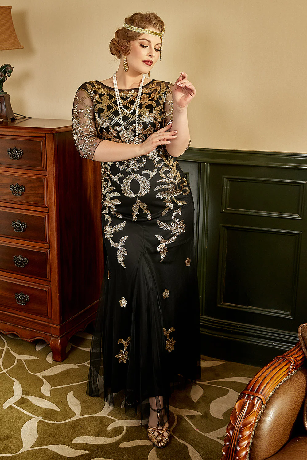 Black Golden Plus Size 1920s Sequins Dress - Image 5