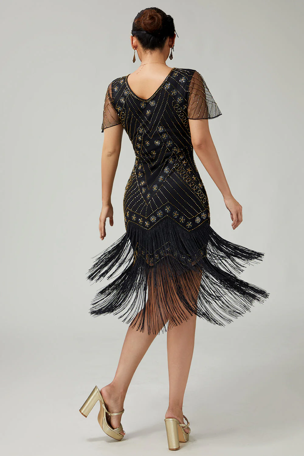 Black Golden Riered Fringed 1920s Dress With Beading - Image 2