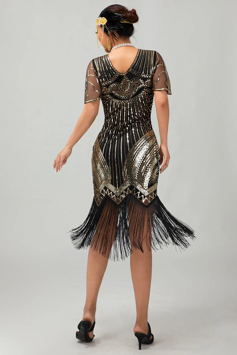 Black Golden Sequin Bodycon 1920s Flapper Dress with Tassles - Image 2