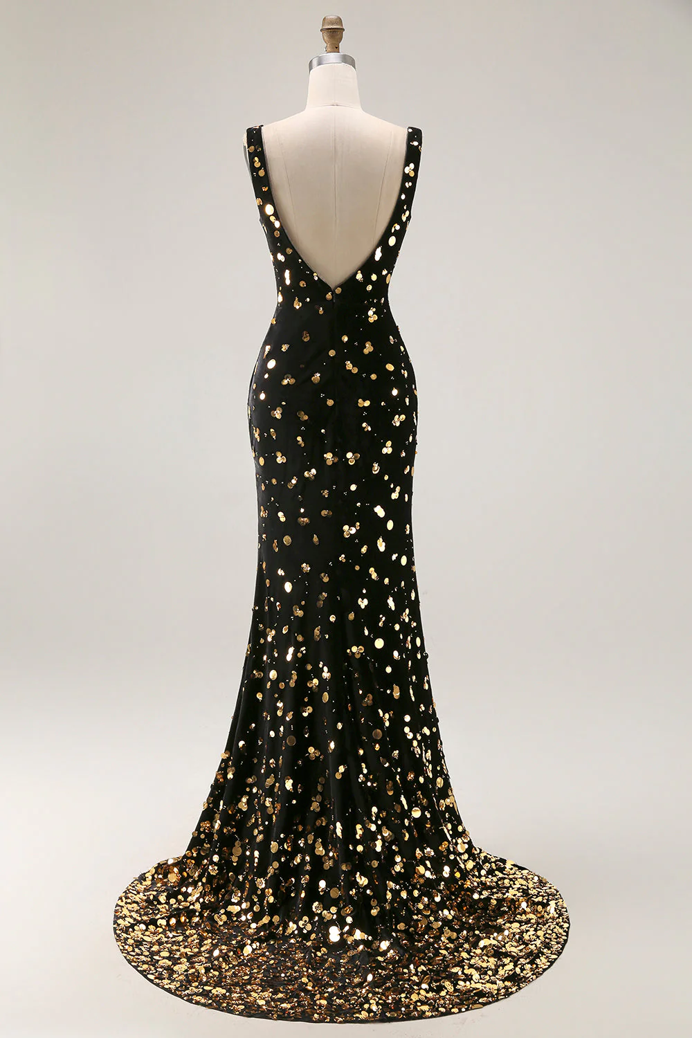 Black Golden Sequin Mermaid V Neck Open Back Long Prom Dress with Slit - Image 8