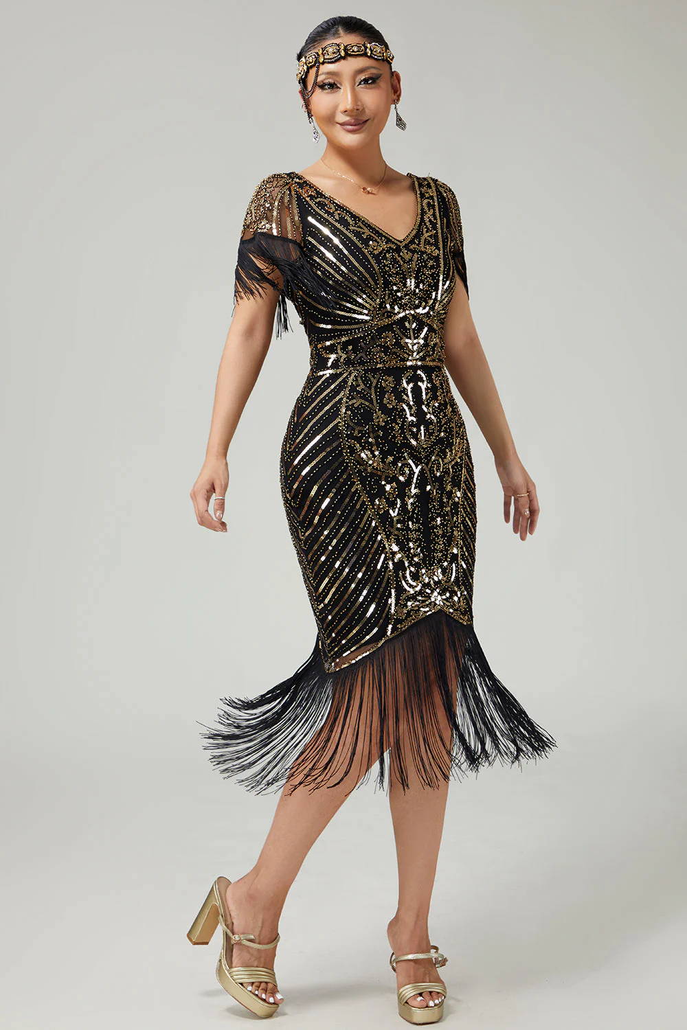 Black Golden V-Neck 1920s Dress With Sequins and Fringes - Image 3