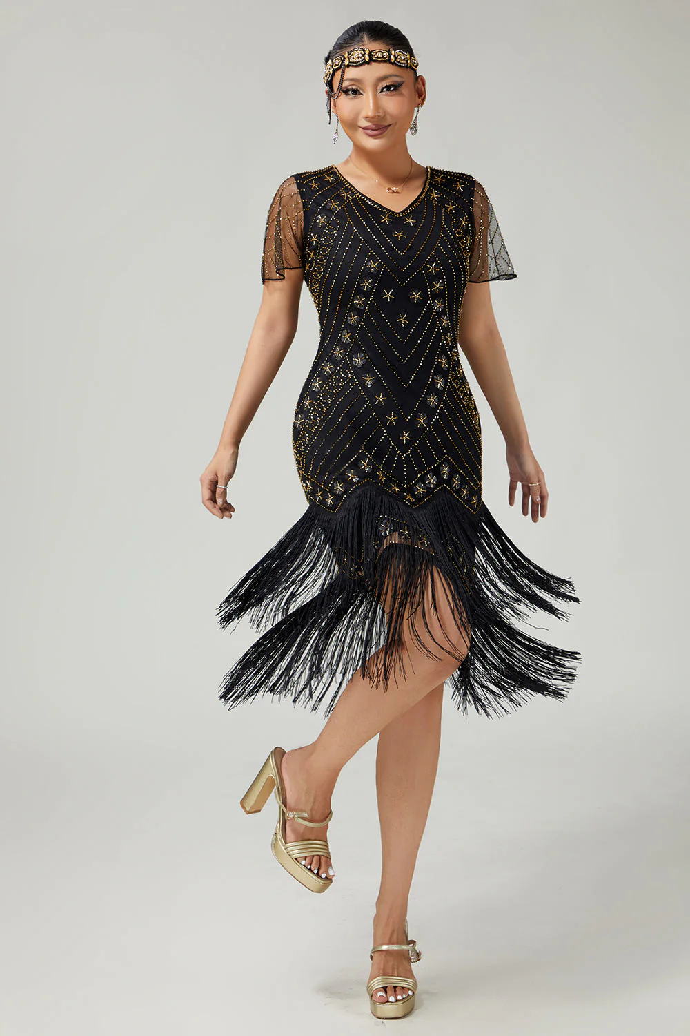 Black Golden V-Neck Bodycon Fringed 1920s Dress With 5-Piece Accessories Set - Image 6