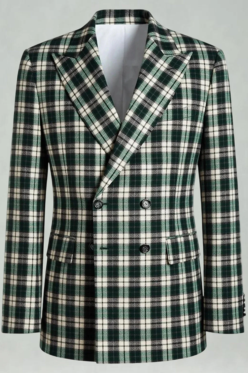 Black Green Grid Peak Lapel 2 Piece Men's Prom Suits - Image 4