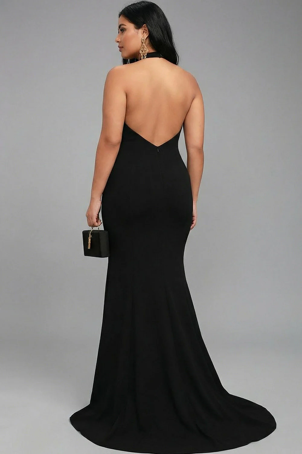 Black Mermaid Halter Satin Long Plus Size Formal Dress with Slit - Image 2