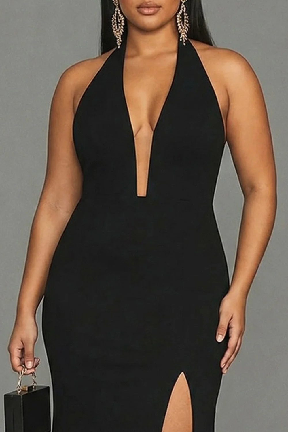 Black Mermaid Halter Satin Long Plus Size Formal Dress with Slit - Image 3