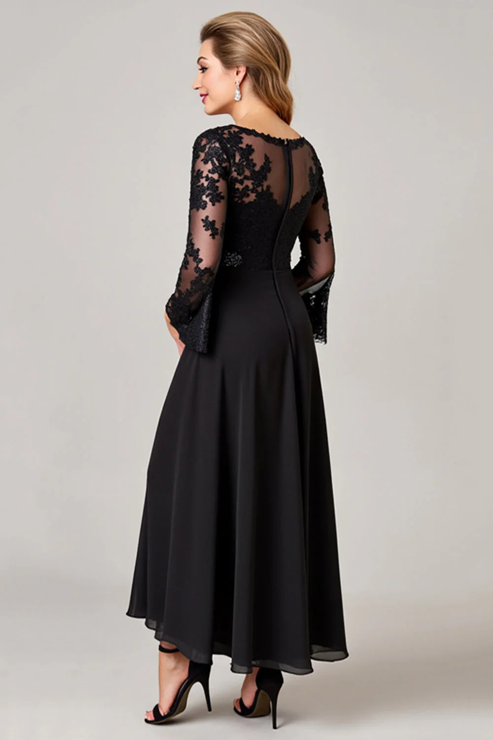 Black High Low Lace Applique Mother of the Bride Dress with Long Sleeves - Image 3