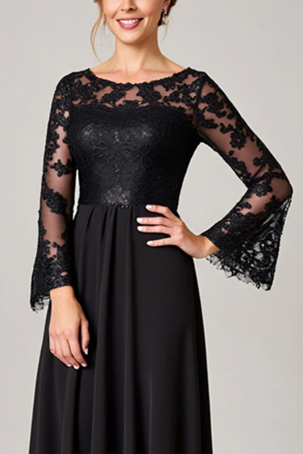 Black High Low Lace Applique Mother of the Bride Dress with Long Sleeves - Image 4