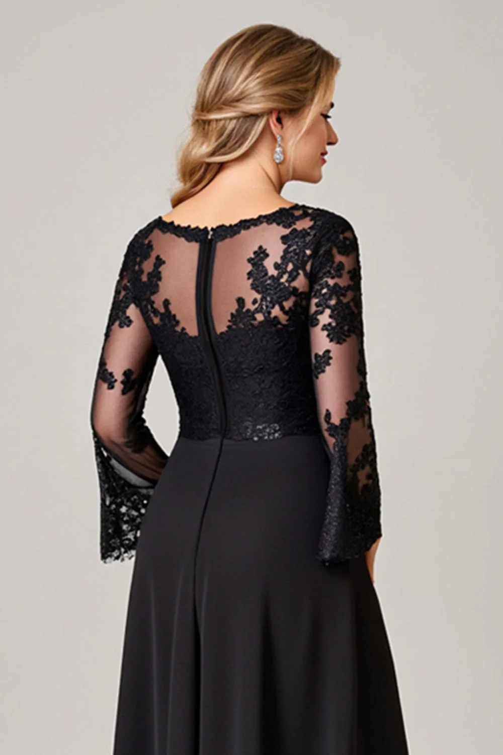 Black High Low Lace Applique Mother of the Bride Dress with Long Sleeves - Image 5