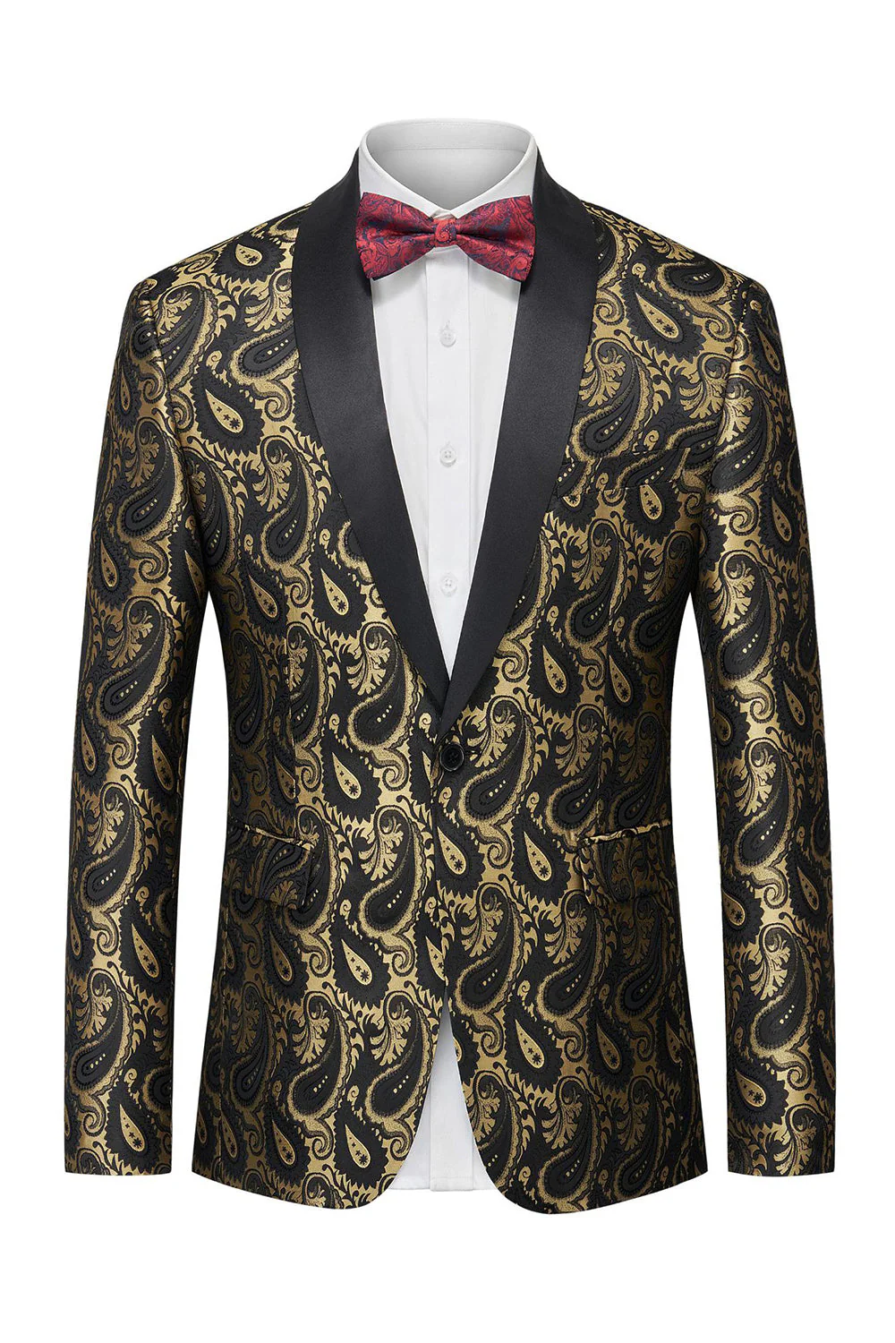 Black Jacquard Shawl Lapel Single Breasted Men's Blazer with Bowtie - Image 11