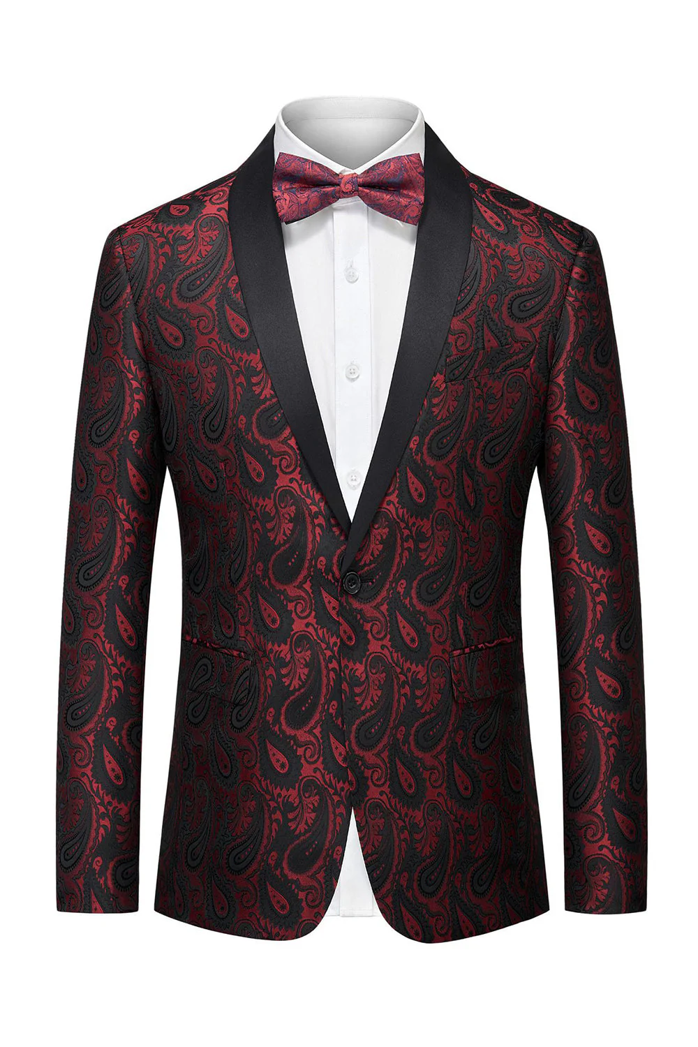 Black Jacquard Shawl Lapel Single Breasted Men's Blazer with Bowtie - Image 3