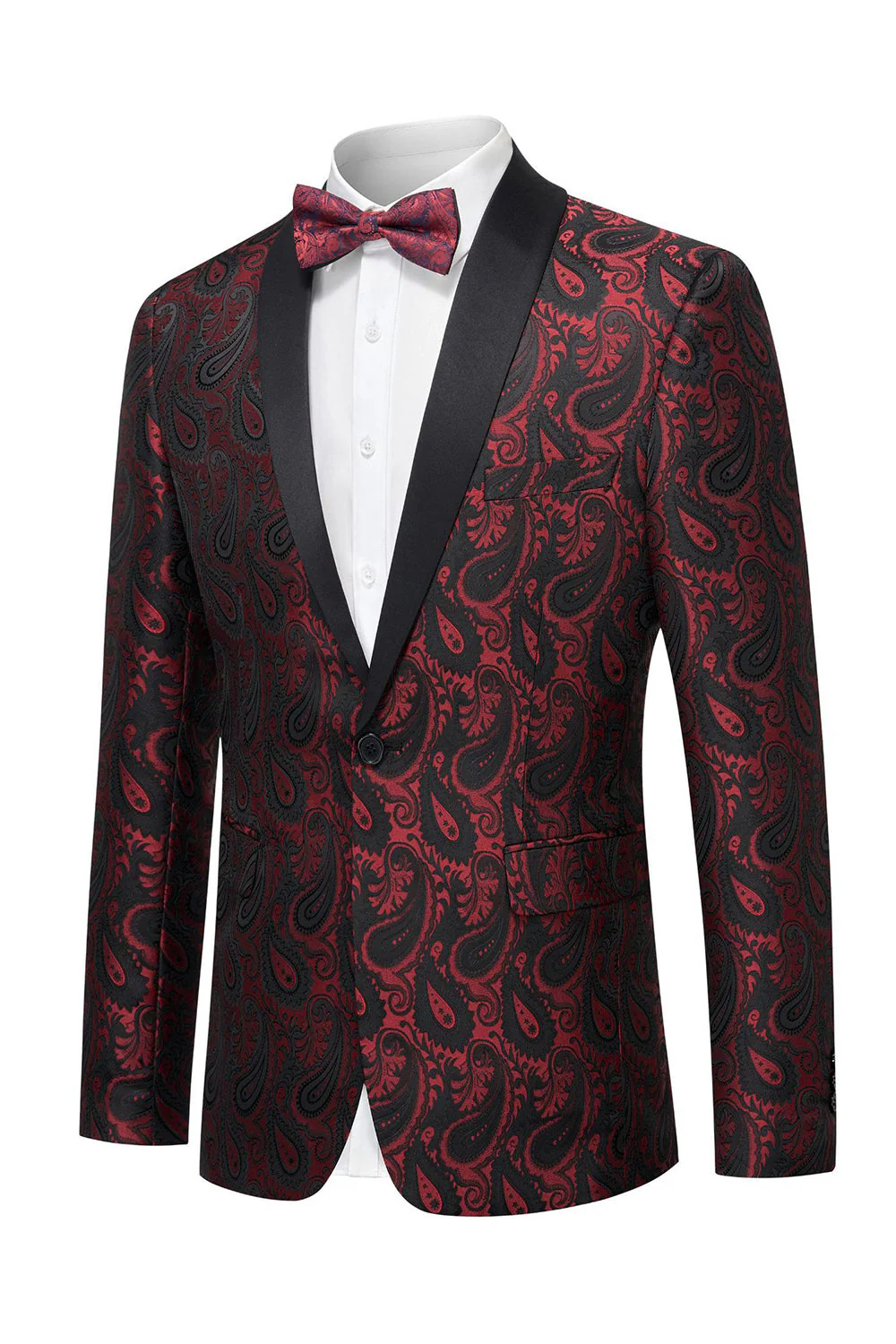 Black Jacquard Shawl Lapel Single Breasted Men's Blazer with Bowtie - Image 5