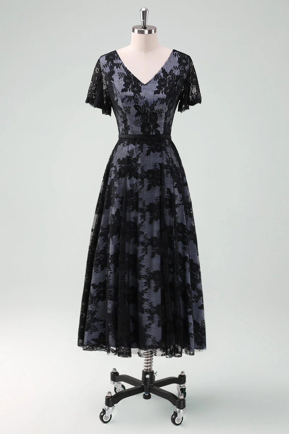 Black Lace A-Line Short Sleeves Midi Choir Dress - Image 2
