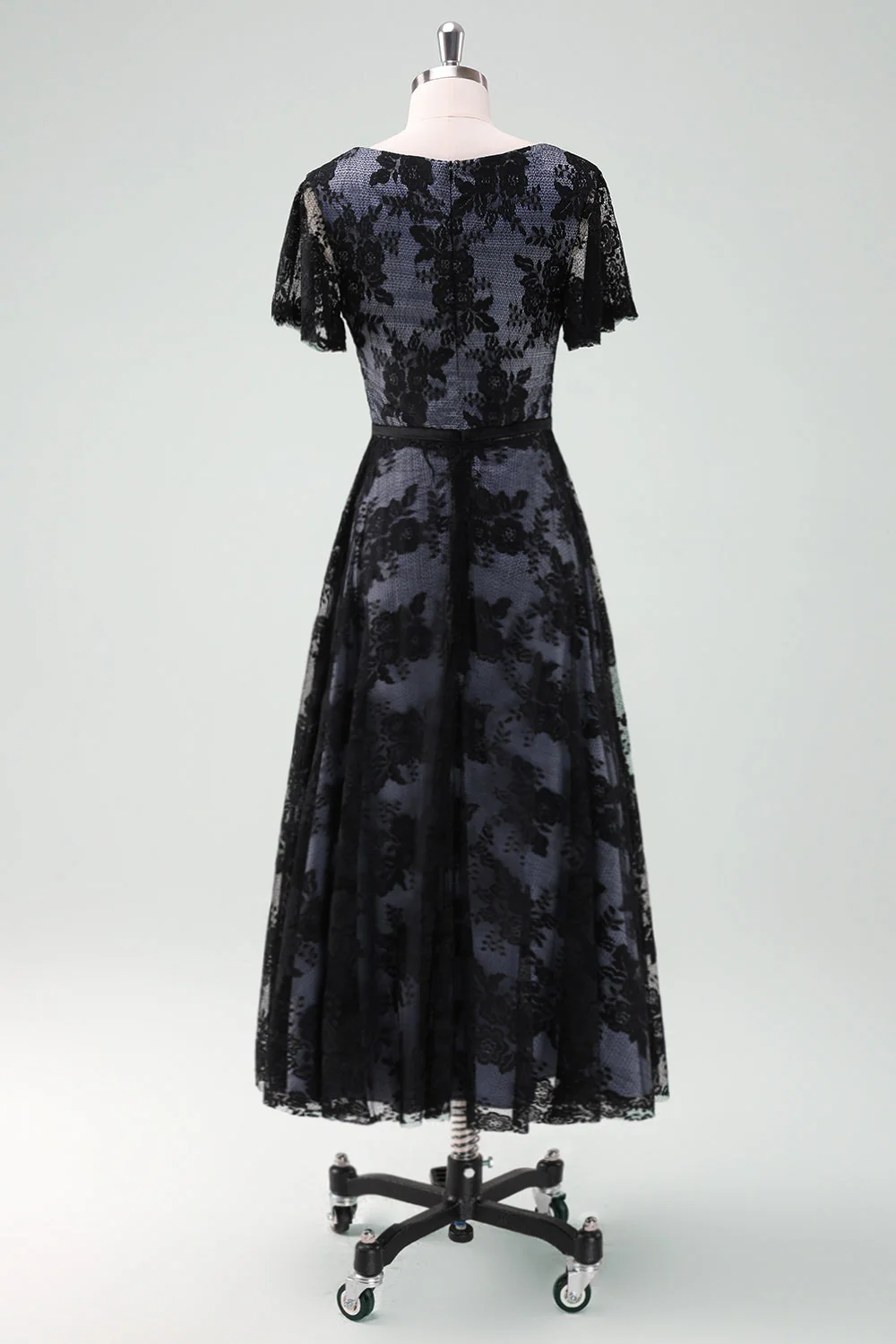 Black Lace A-Line Short Sleeves Midi Choir Dress - Image 3