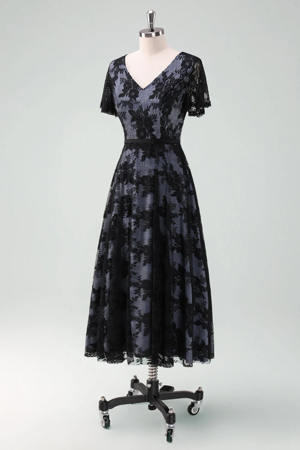 Black Lace A-Line Short Sleeves Midi Choir Dress - Image 4