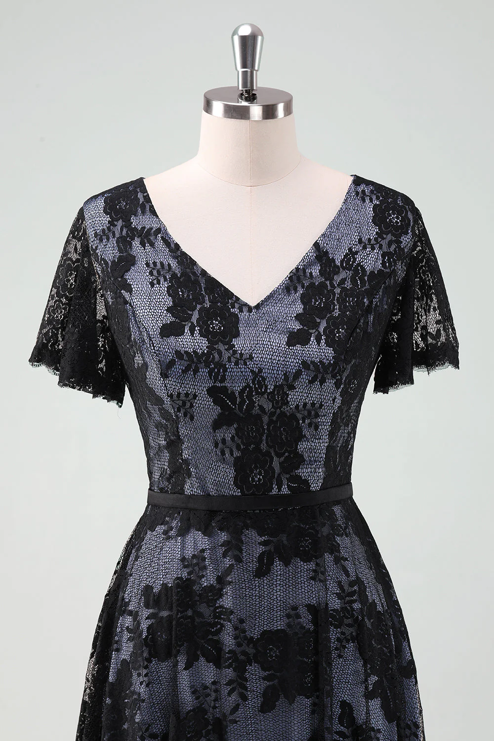 Black Lace A-Line Short Sleeves Midi Choir Dress - Image 5