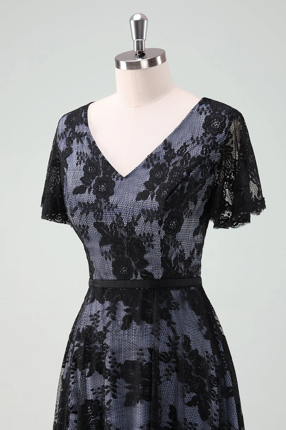 Black Lace A-Line Short Sleeves Midi Choir Dress - Image 7