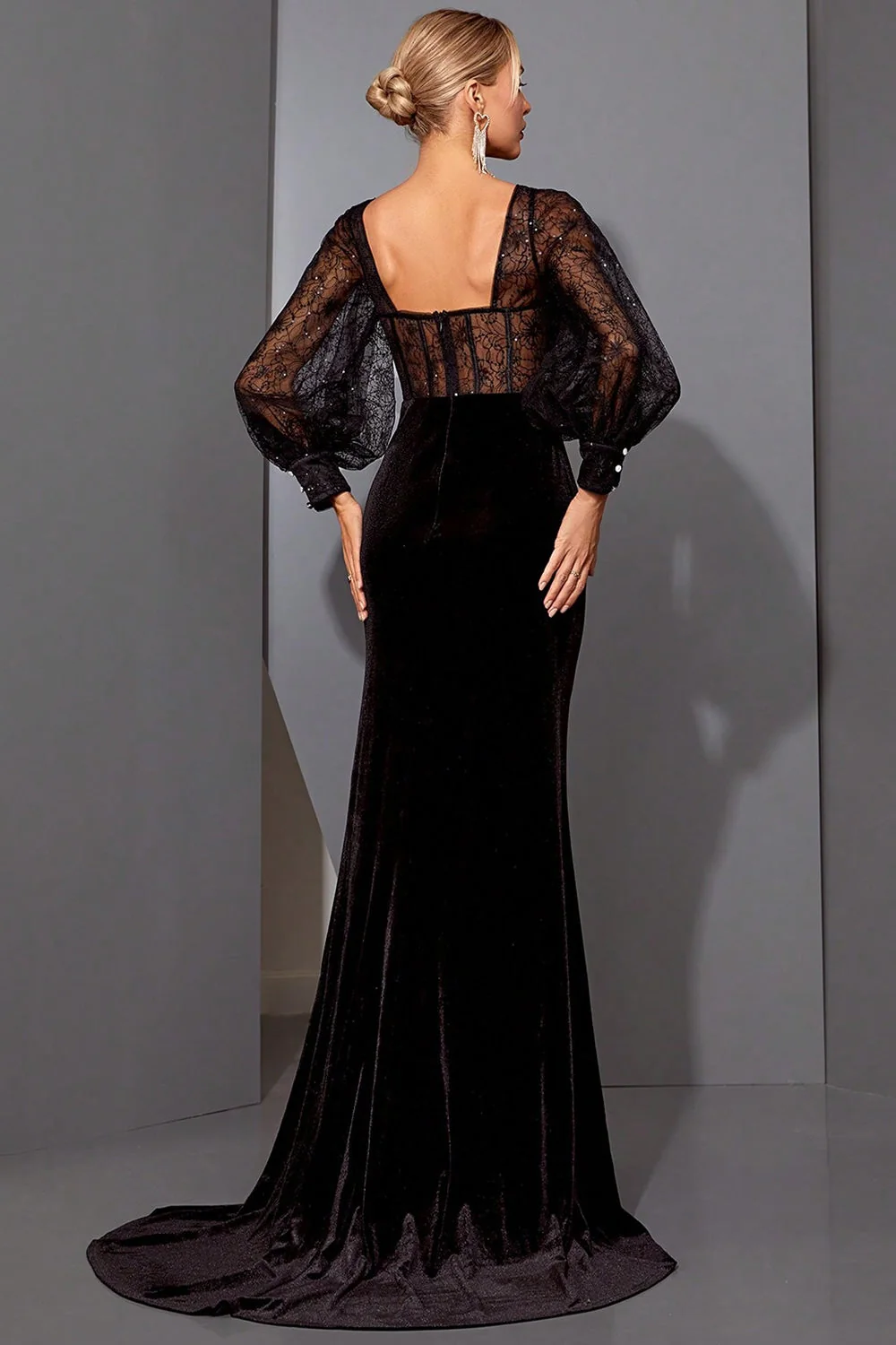 Black Lace Mermaid Corset Long Evening Dress with Slit - Image 2