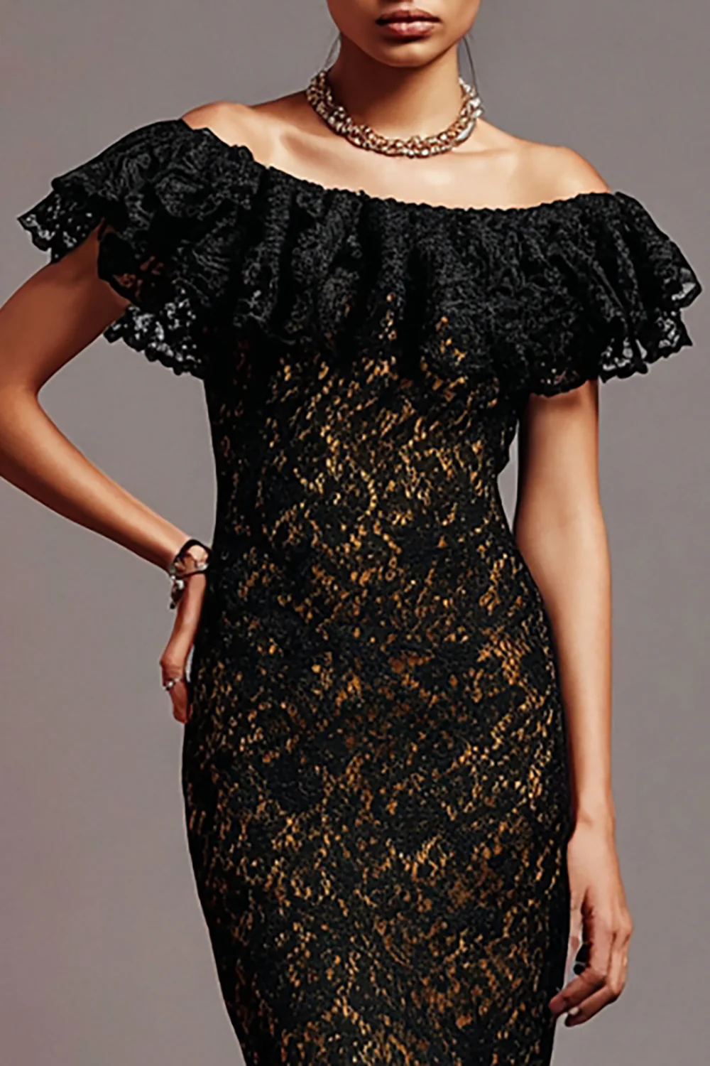 Black Lace Mermaid Long Formal Dress with Ruffles - Image 2