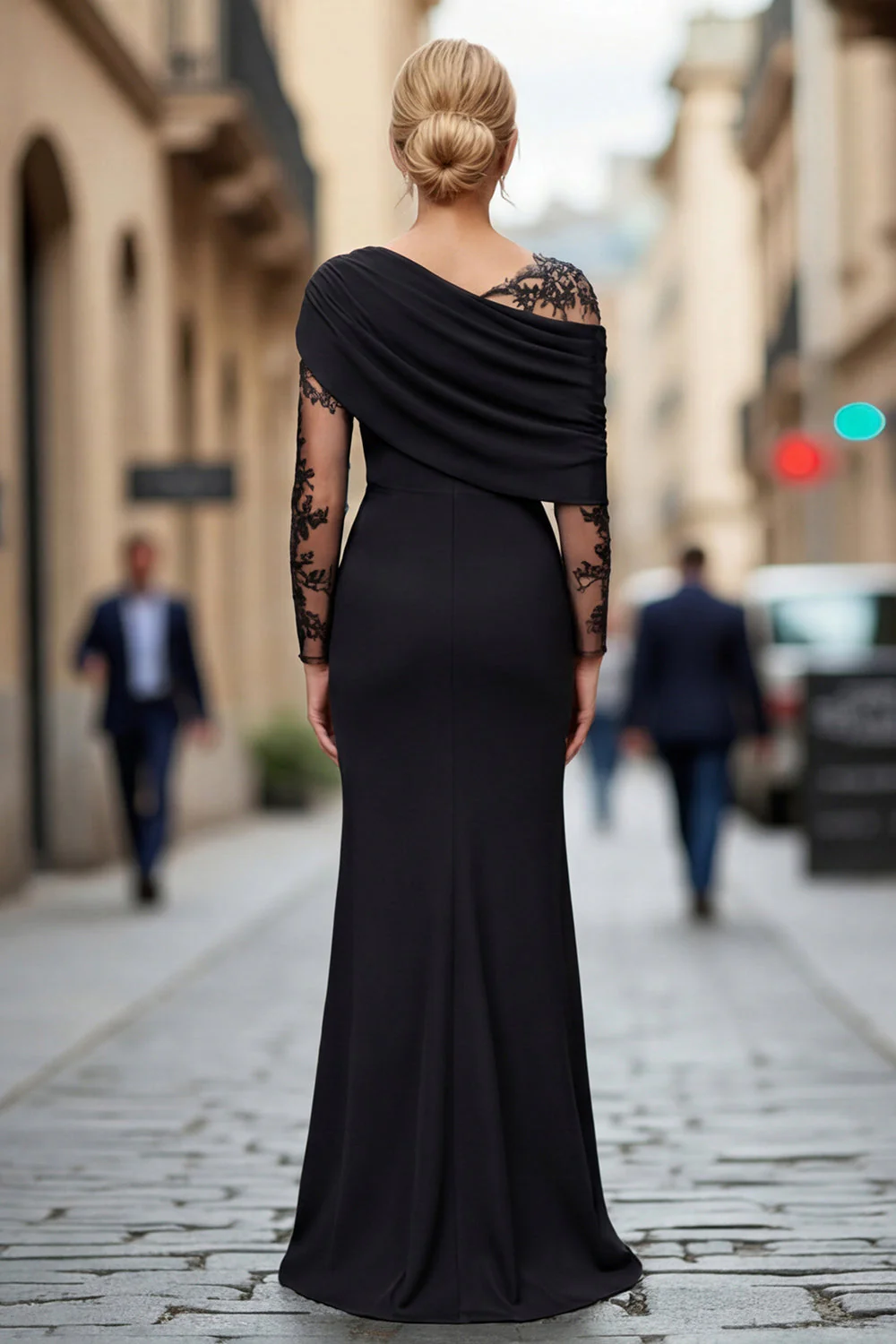 Black Lace Satin One Shoulder Sheath Mother of the Bride Dress - Image 2