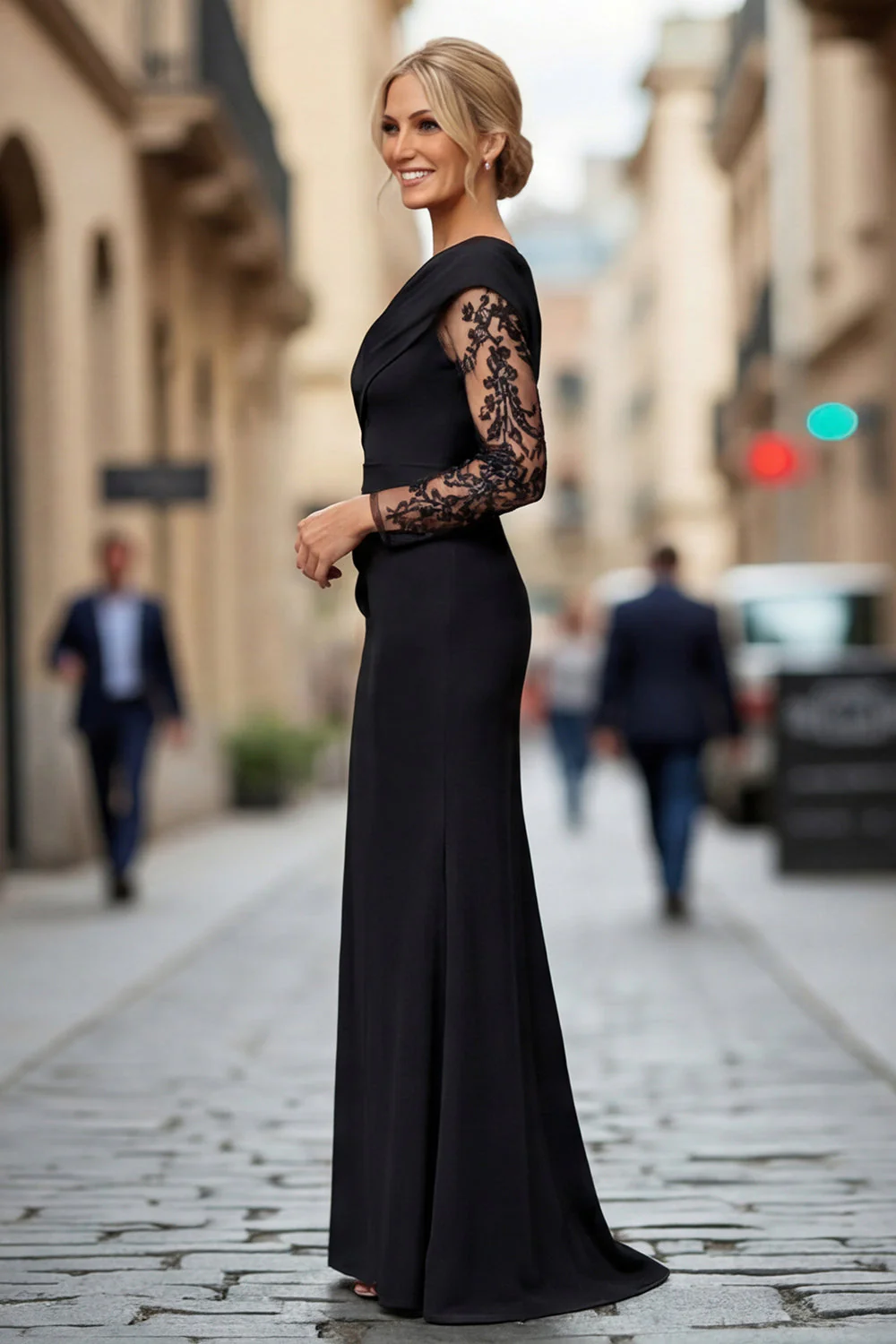 Black Lace Satin One Shoulder Sheath Mother of the Bride Dress - Image 3