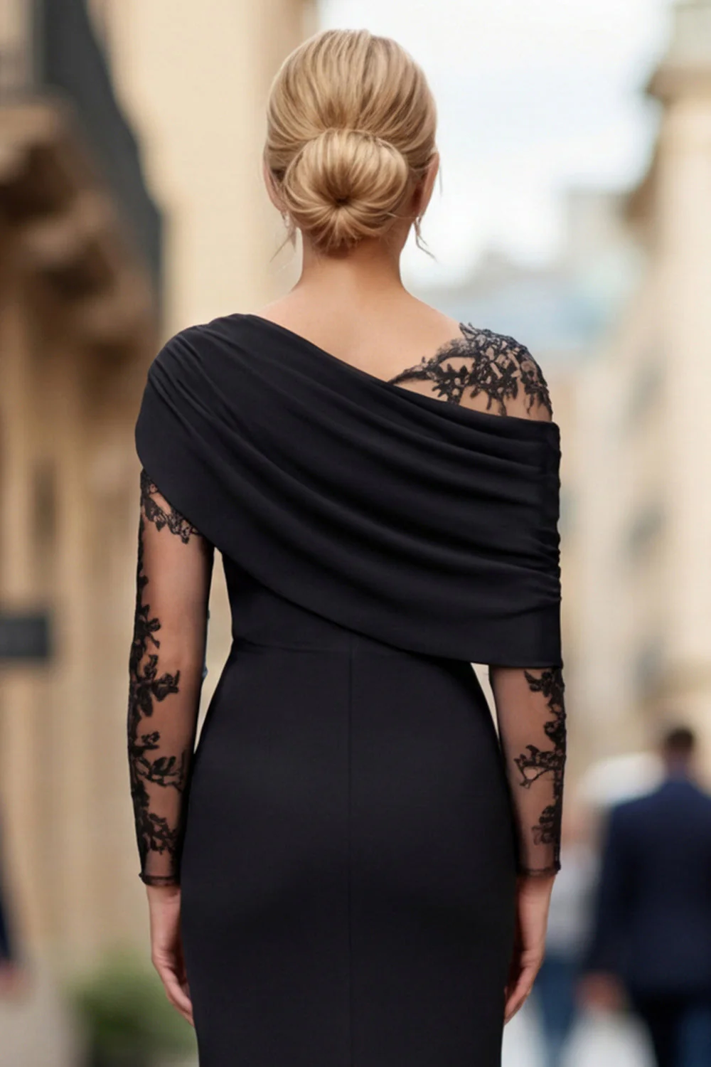 Black Lace Satin One Shoulder Sheath Mother of the Bride Dress - Image 5