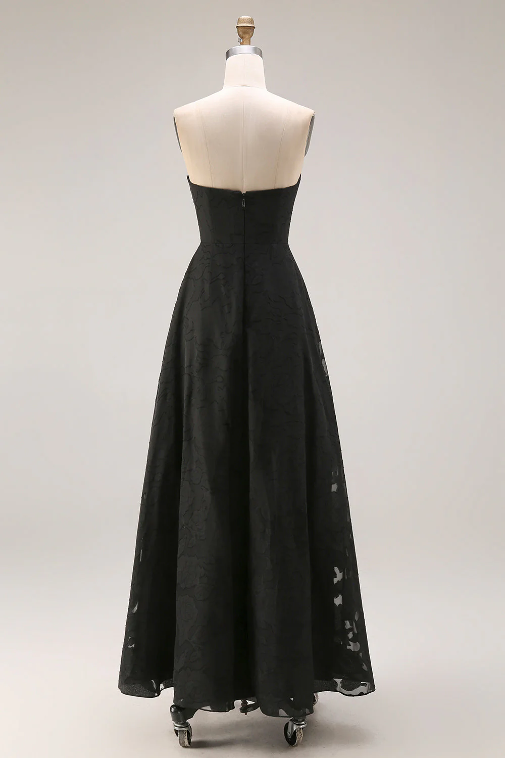 Black Strapless A Line Long Evening Dress with Lace - Image 2