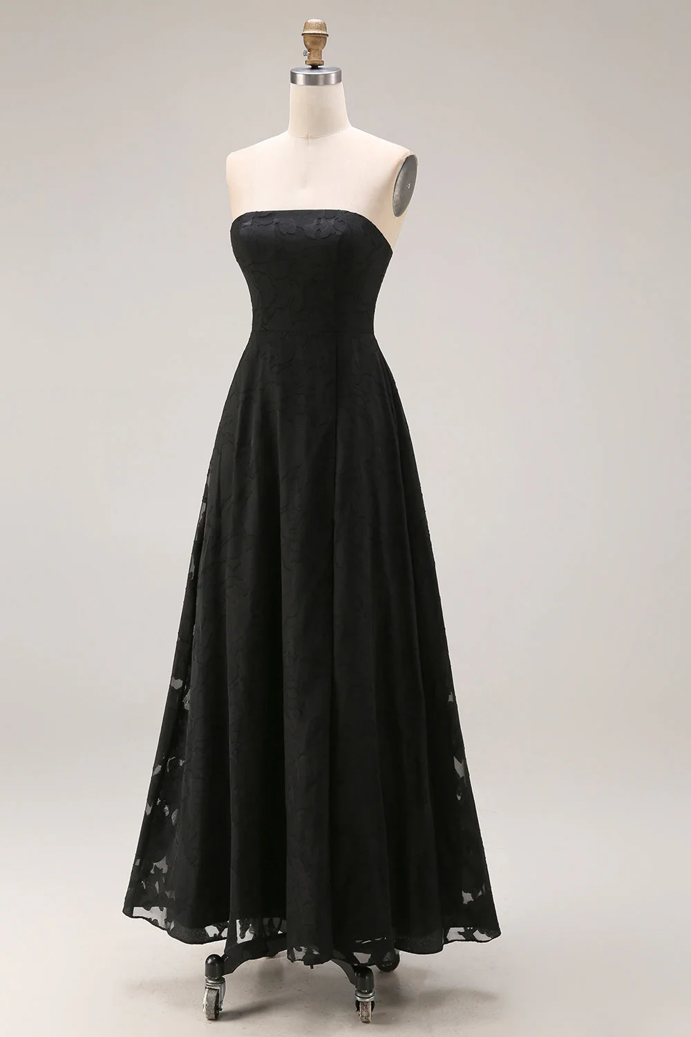 Black Strapless A Line Long Evening Dress with Lace - Image 3