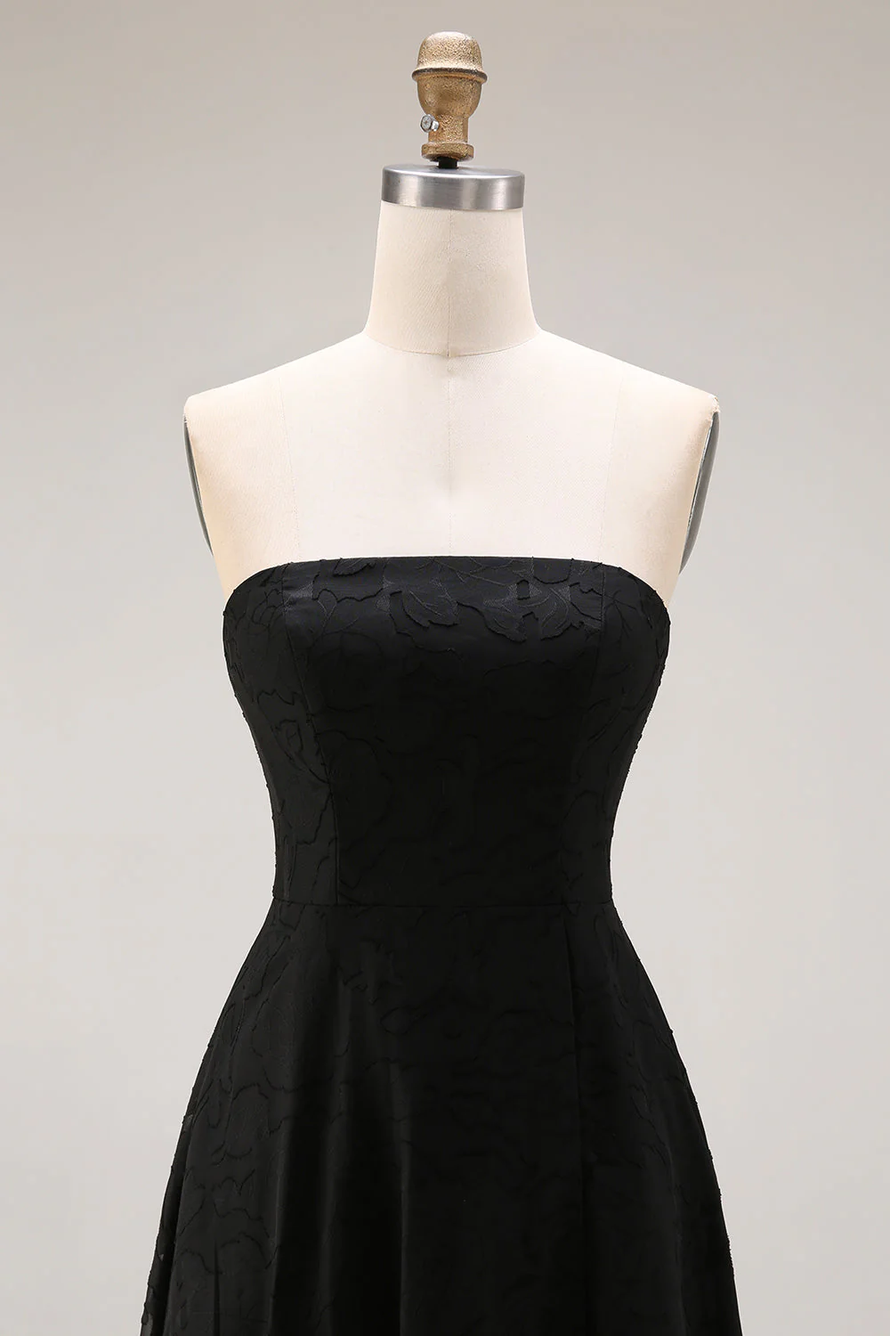 Black Strapless A Line Long Evening Dress with Lace - Image 4