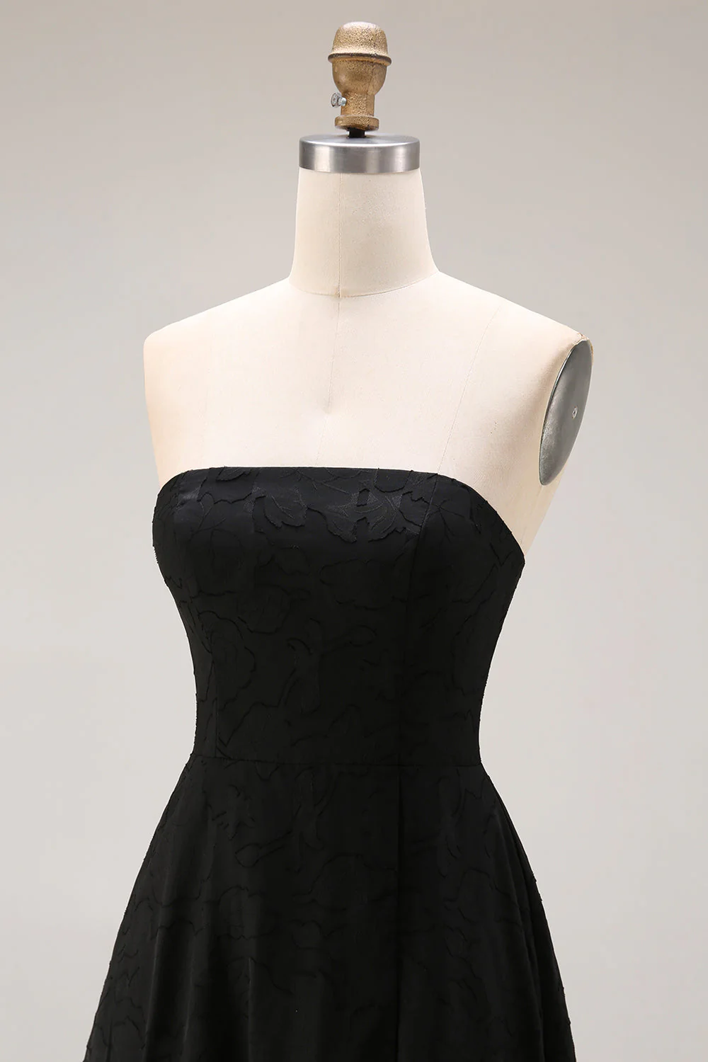 Black Strapless A Line Long Evening Dress with Lace - Image 6