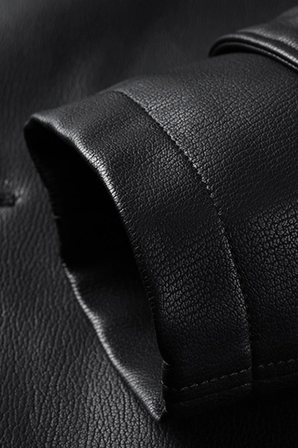Black Lapel Leather Single Breasted Men's Trench Coat - Image 10