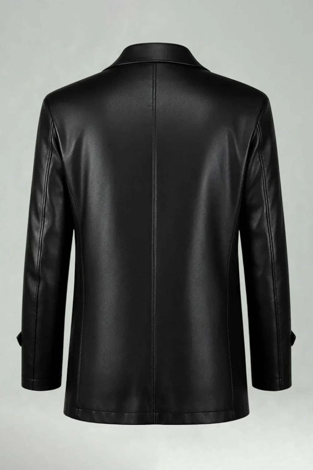 Black Lapel Leather Single Breasted Men's Trench Coat - Image 2