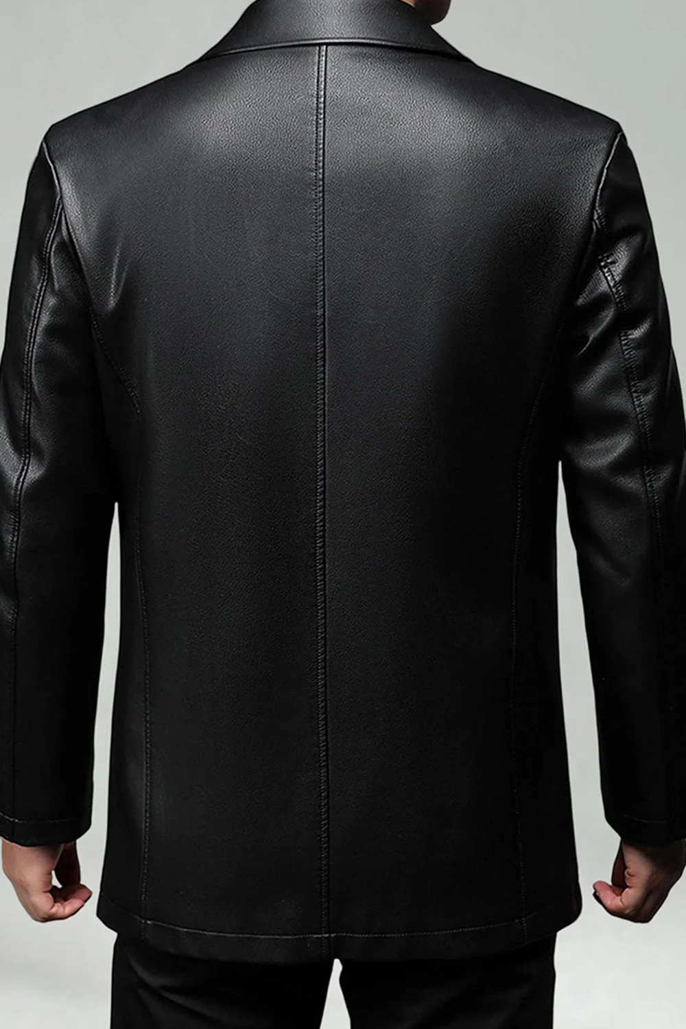 Black Lapel Leather Single Breasted Men's Trench Coat - Image 4