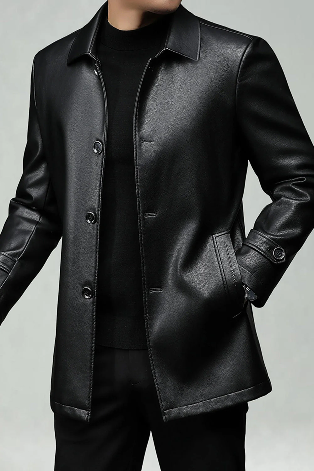 Black Lapel Leather Single Breasted Men's Trench Coat - Image 5