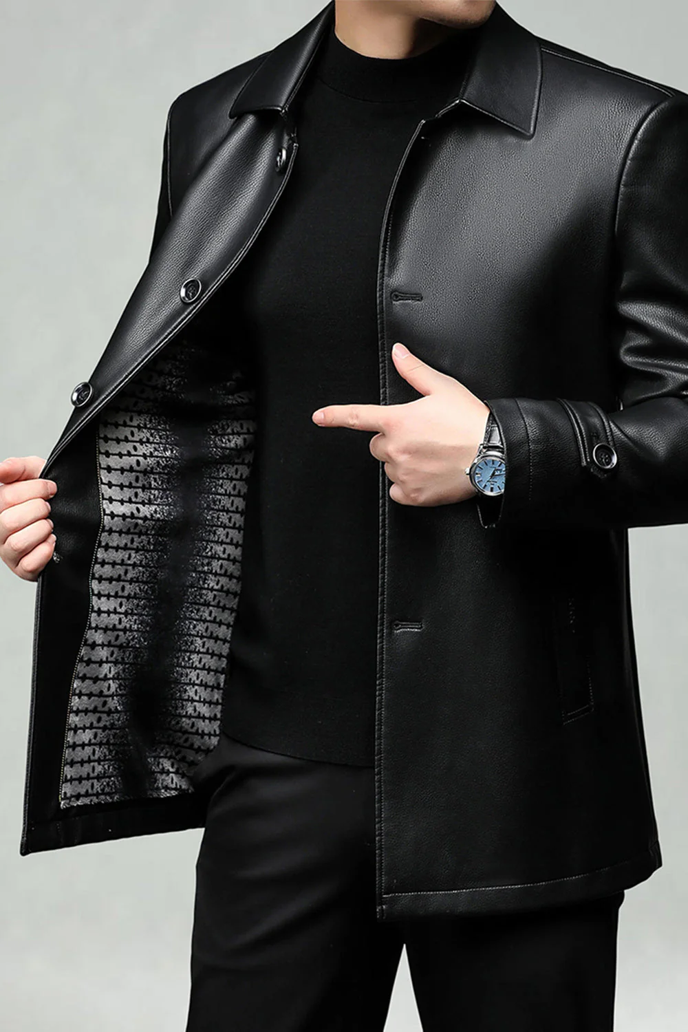 Black Lapel Leather Single Breasted Men's Trench Coat - Image 6