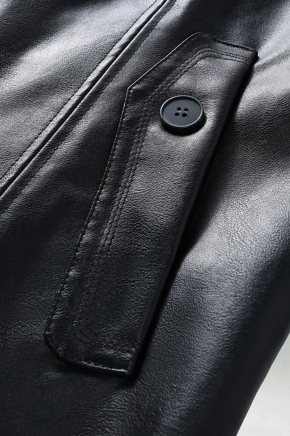 Black Leather Notched Lapel Men's Trench Coat with Belt - Image 2