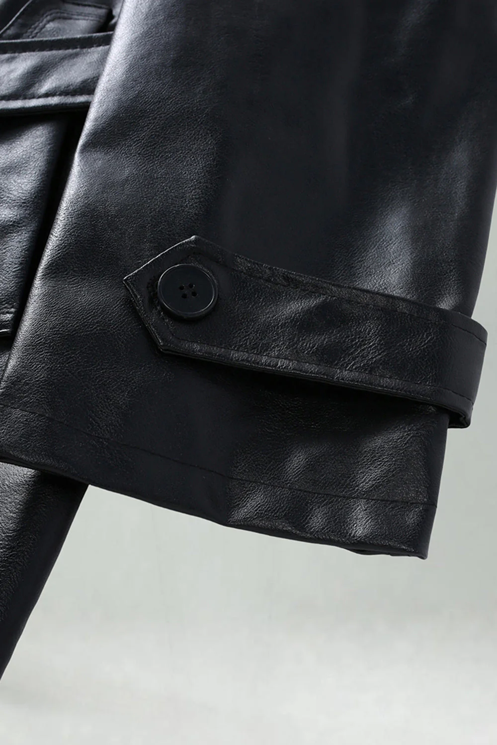 Black Leather Notched Lapel Men's Trench Coat with Belt - Image 3