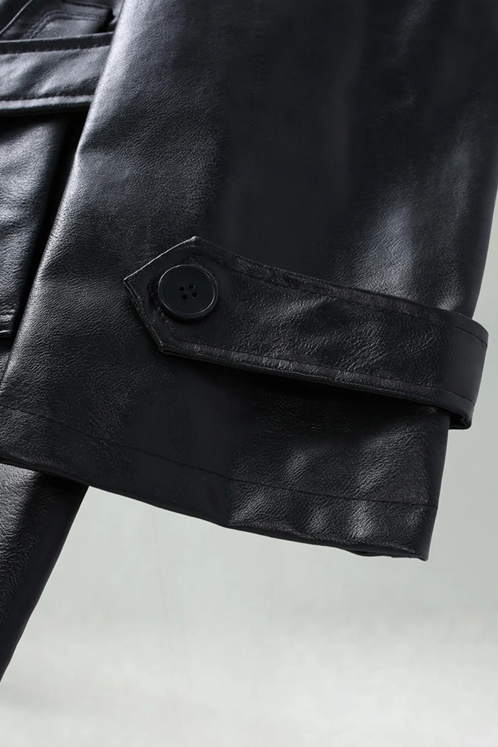 Black Leather Notched Lapel Men's Trench Coat with Belt - Image 5