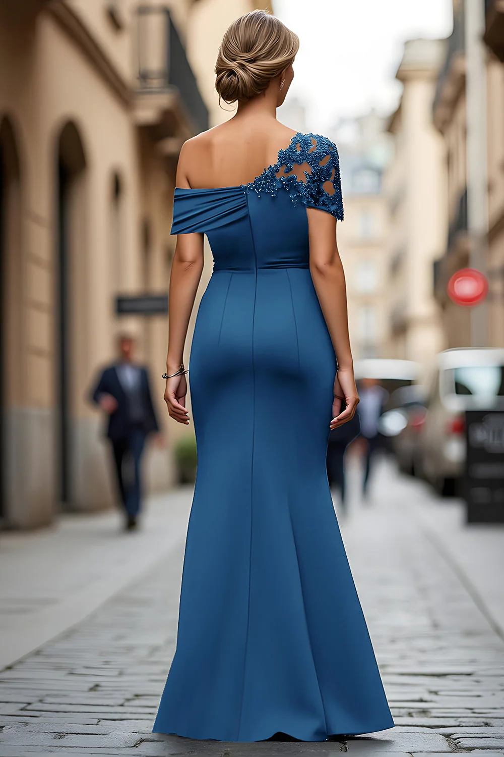 Black Mermaid Asymmetrical Long Mother of the Bride Dress with Appliques - Image 10