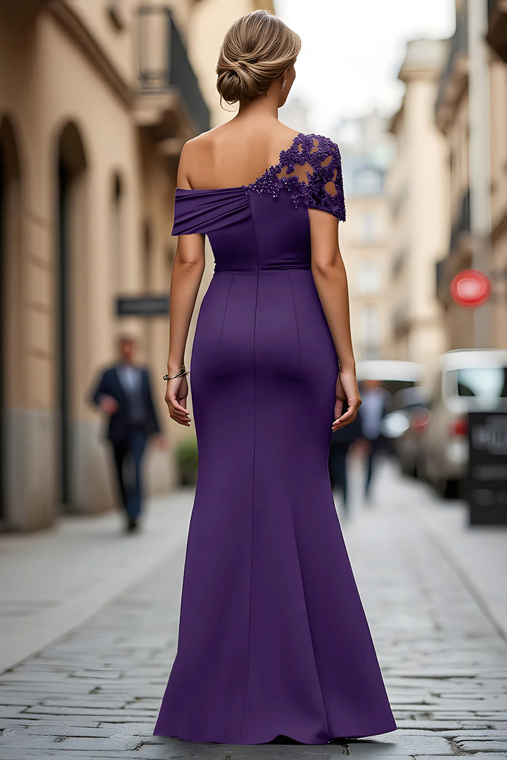 Black Mermaid Asymmetrical Long Mother of the Bride Dress with Appliques - Image 16