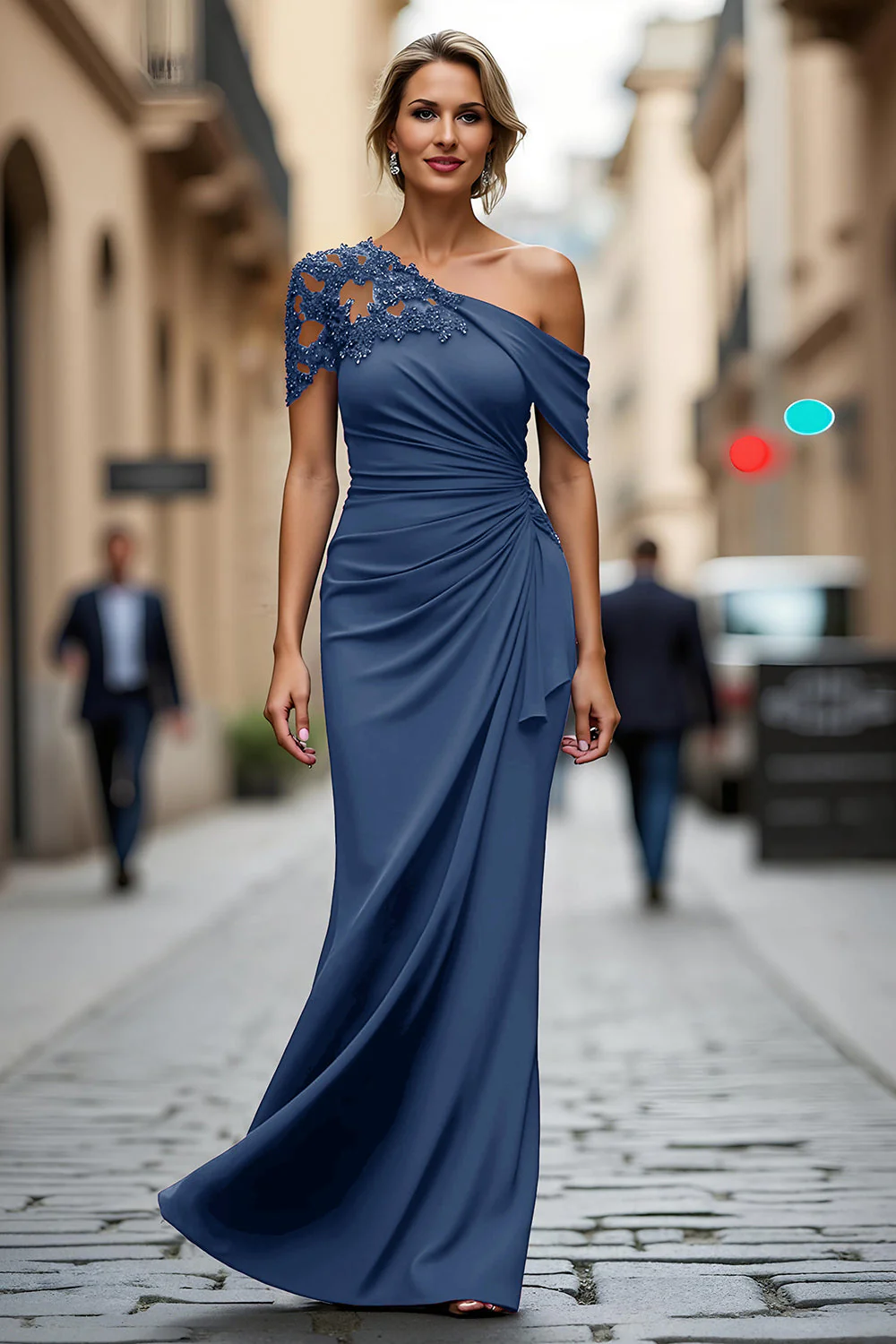 Black Mermaid Asymmetrical Long Mother of the Bride Dress with Appliques - Image 27