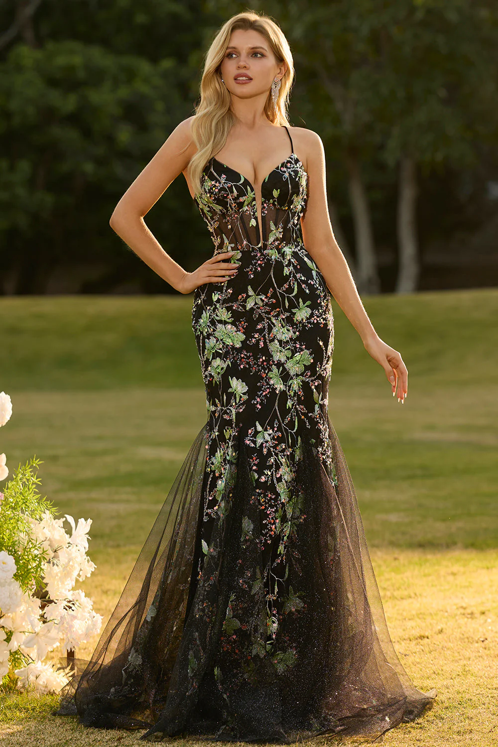 Black Mermaid Corset Sequins Floral Long Prom Dress with Lace Up Back - Image 4