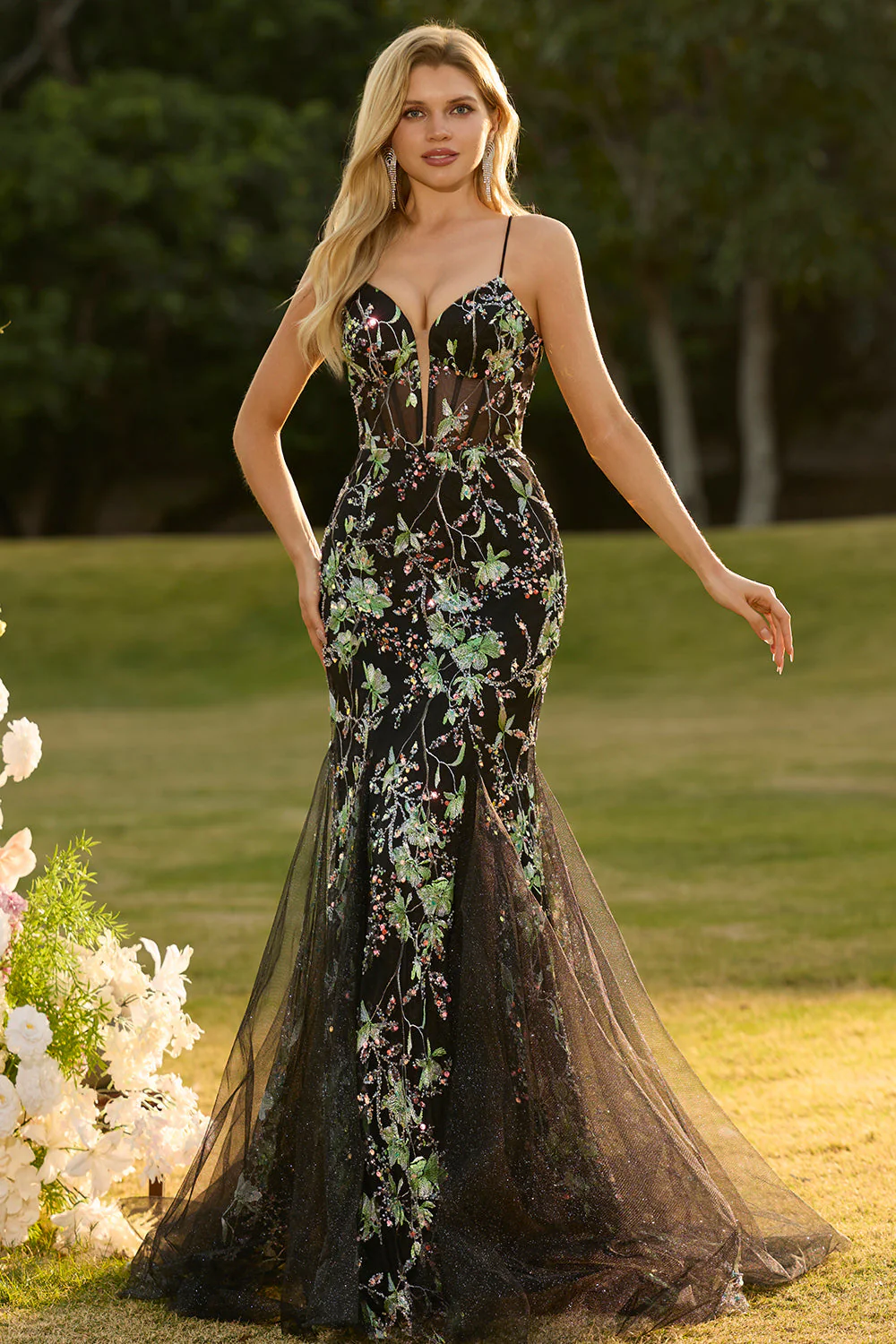 Black Mermaid Corset Sequins Floral Long Prom Dress with Lace Up Back - Image 5