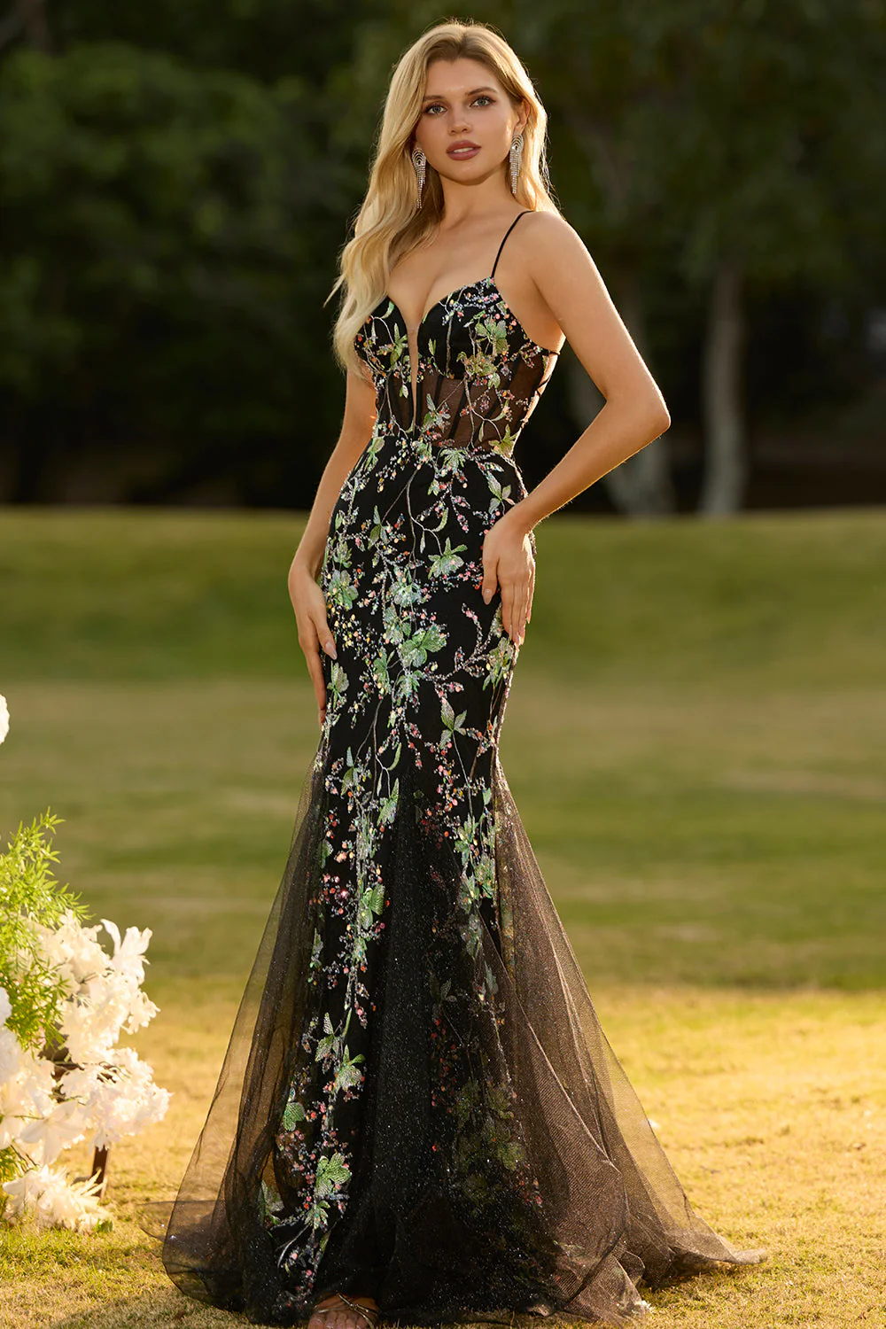 Black Mermaid Corset Sequins Floral Long Prom Dress with Lace Up Back - Image 6