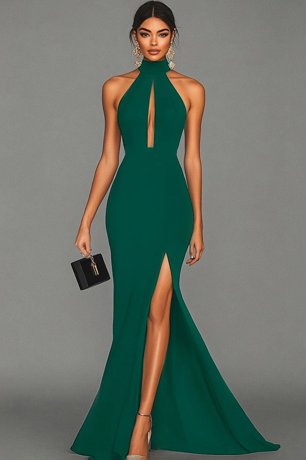 Black Mermaid Halter Neck Satin Evening Dress - Image 5