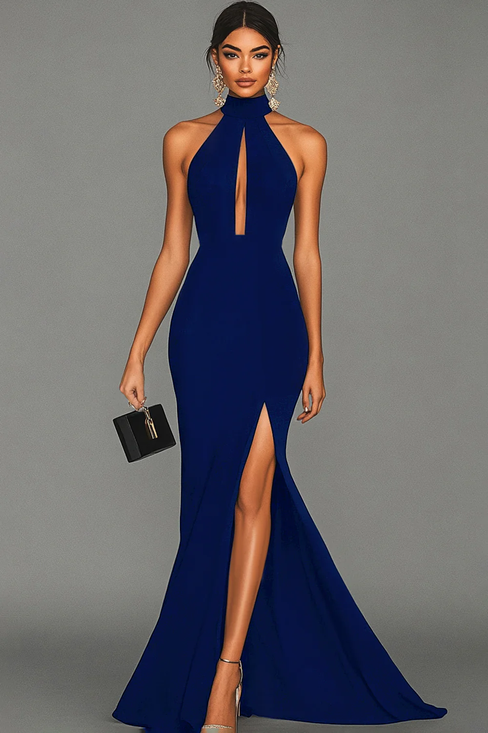 Black Mermaid Halter Neck Satin Evening Dress - Image 6