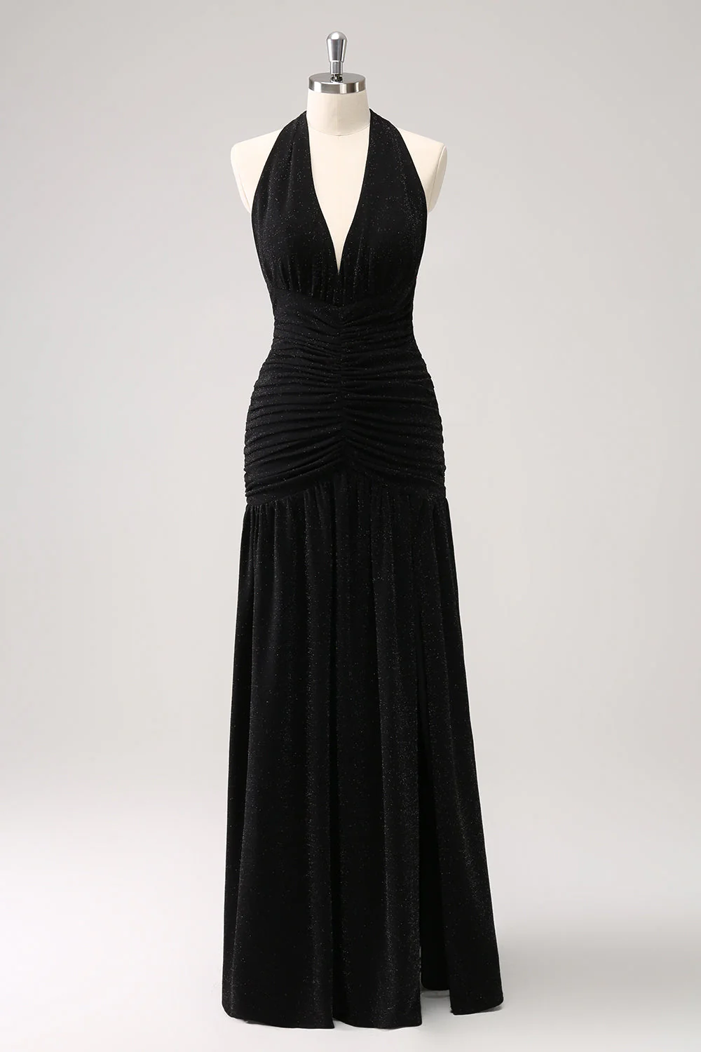 Black Halter Ruched Backless Long Bridesmaid Dress with Slit - Image 3