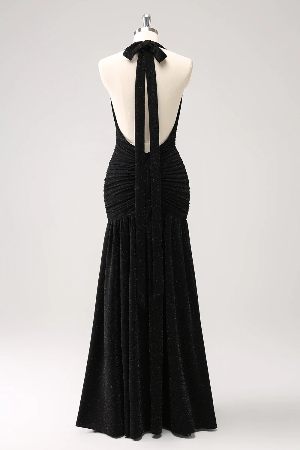 Black Halter Ruched Backless Long Bridesmaid Dress with Slit - Image 4