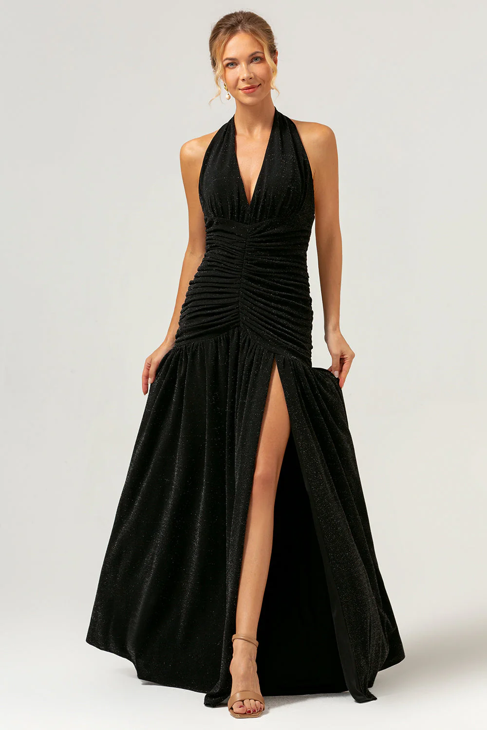 Black Halter Ruched Backless Long Bridesmaid Dress with Slit - Image 5