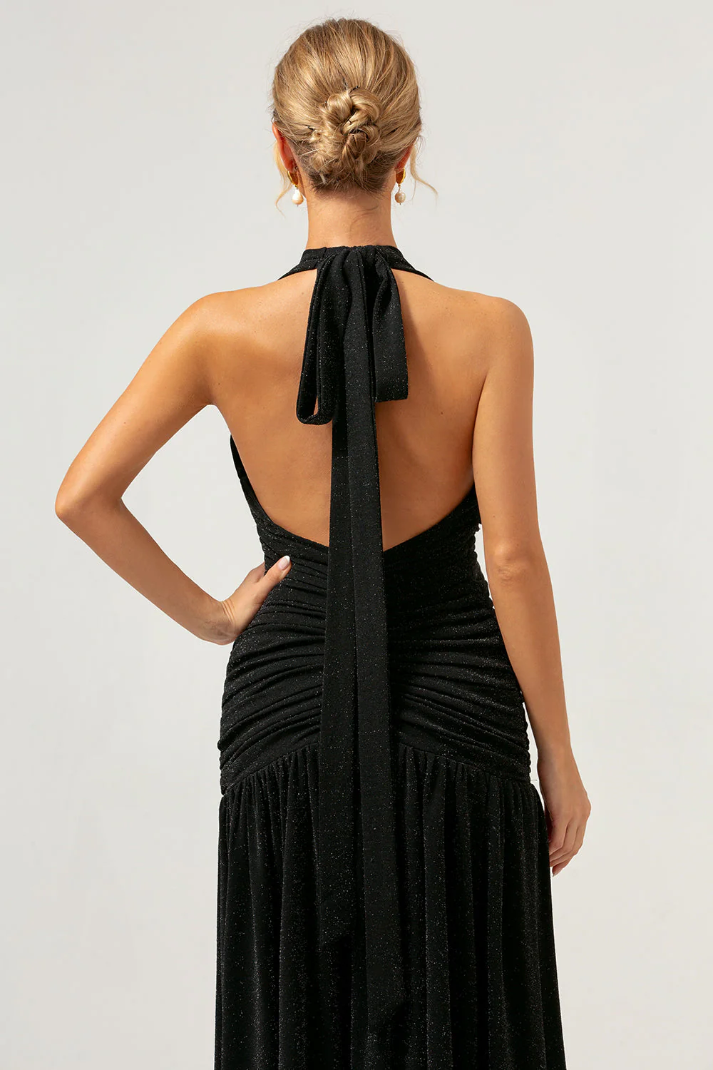 Black Halter Ruched Backless Long Bridesmaid Dress with Slit - Image 7